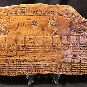 Puede incluir: Una escultura en relieve rectangular de color marrón claro con escritura cuneiforme antigua e imágenes talladas. La obra de arte presenta un pájaro, una estrella y una figura que sostiene una planta. El relieve se exhibe sobre un soporte transparente.