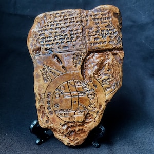 May include: A brown, rectangular clay tablet with intricate cuneiform writing and a circular map design. The tablet has a rough, textured surface and is displayed on a black stand. The ancient artifact showcases historical writing and cartography.