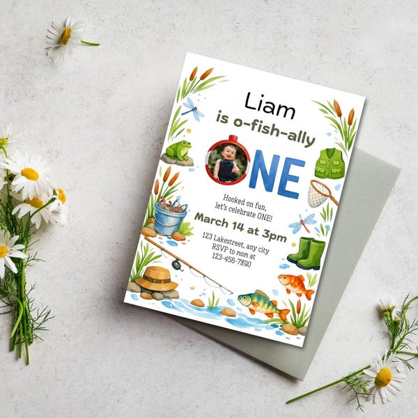 Fiesta de cumpleaños de Ofishally One para niño. Invitación digital con temática de pescado divertido, plantilla editable estética de pescador.