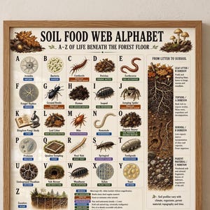 May include: A rectangular educational poster titled Soil Food Web Alphabet, featuring illustrations of organisms from A to Z. The print includes a vertical soil profile diagram, descriptive text, and a magnifying glass icon, all framed in a light brown wood frame.