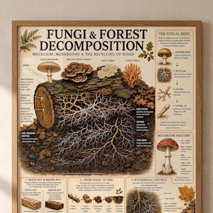 Può includere: Un poster educativo incorniciato intitolato Fungi & Forest Decomposition, con illustrazioni dettagliate di funghi, reti di micelio e processi di decomposizione del legno, inclusi diagrammi sull'anatomia fungina e i cicli.