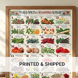 Könnte beinhalten: Ein gerahmtes Lehrplakat mit dem Titel World Spices & Seasonings Alphabet, das Illustrationen verschiedener Gewürze von A bis Z mit ihren Namen zeigt. Der Druck enthält Abschnitte für Pflanzenteile sowie ganze und gemahlene Gewürze.
