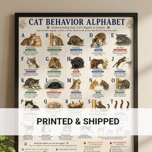 May include: A framed educational poster titled CAT BEHAVIOR ALPHABET featuring illustrations of cats in various poses labeled A through T, with descriptive text for each behavior, and a section at the bottom titled PRINTED & SHIPPED.