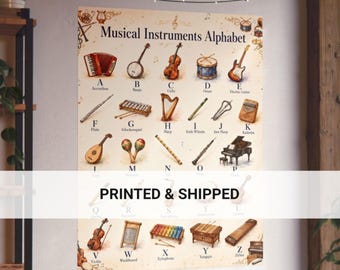 Watercolor Orchestra Alphabet Print Vintage Musical Instruments Nursery Wall Decor Educational Poster
