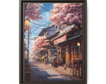 Canvas Cherry Blossom Street mat ingelijst | Muurkunst Japanse steeg