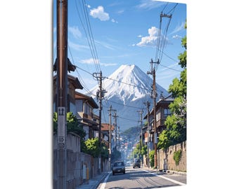 Mountain Town Street Scene Canvas | Scenic Japan Road with Snowy Peak