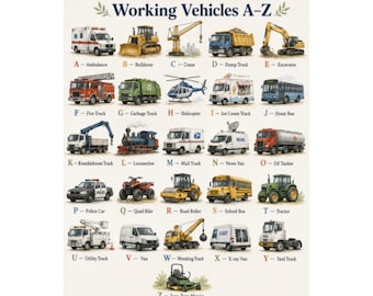 Digital Working Vehicles ABC Poster - Vintage Watercolor Educational Printable Art