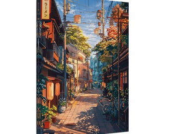 Lienzo con escena callejera japonesa iluminada por el sol / Arte mural de paisaje urbano al estilo anime