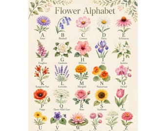 Vintage Botanic ABC Digital Download Poster - Watercolor Floral Cottagecore Printable Art
