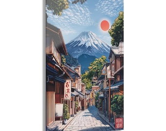 Mount Fuji Japanese Street Scene Acrylic Print | Morning Alley View, Traditional Storefronts