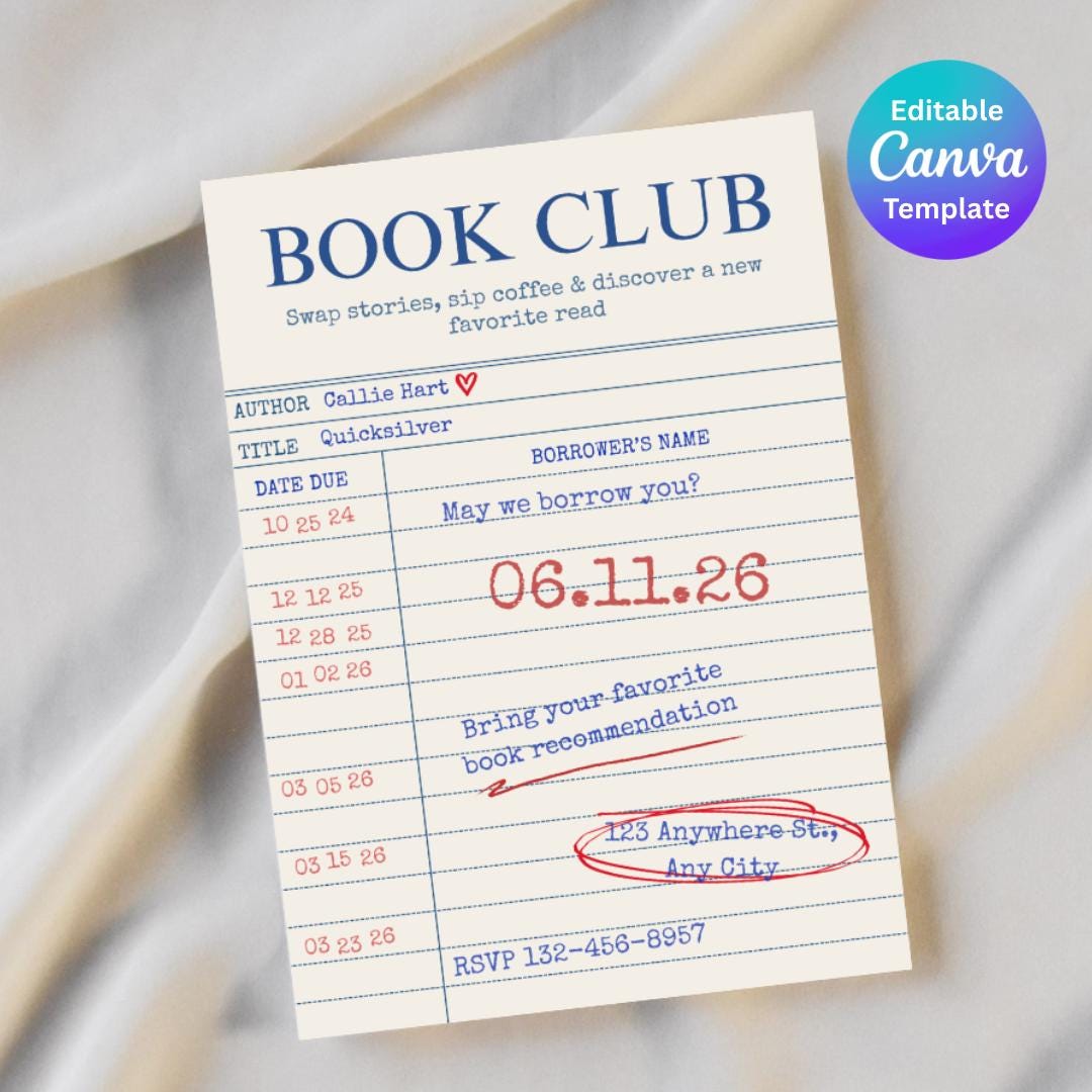 Book Club Digital Invite | Library Card | Editable on Canva - Etsy