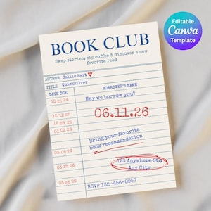 May include: A cream-colored Book Club invitation with blue text and red accents. The invitation includes the text "BOOK CLUB" and "Quicksilver" as the book title. It also has the text "123 Anywhere St., Any City."
