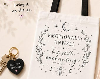 Emotionally Unwell Tote Bag, Whimsy Goth Book Lover Tote, Celestial Floral Design