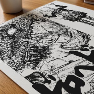 May include: A black and white comic book page illustration. The artwork depicts detailed, grotesque figures and bold Japanese text. The style is reminiscent of manga, with dynamic lines and shading. The page is on a white background.