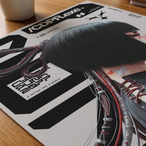 Op de afbeelding: Een digitaal kunstwerk met een cyberpunk-thema, met een persoon met zwart haar en een futuristische esthetiek. De afbeelding bevat rode en witte draden, en de tekst "CYBERPUNK 2022" en "ACTION RPG / SINGLE".