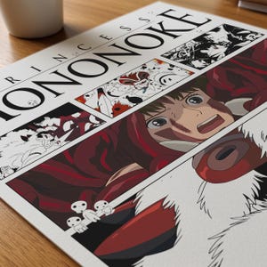 Może przedstawiać: Grafika z paneli z filmu animowanego "Księżniczka Mononoke". Grafika przedstawia postacie i sceny w stylu komiksowym, z odważnymi liniami i żywymi kolorami. Tytuł "Księżniczka Mononoke" jest wydrukowany dużymi, czarnymi literami.