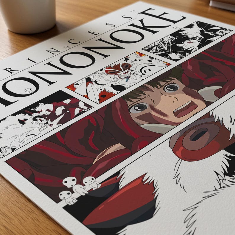 Może przedstawiać: Grafika z paneli z filmu animowanego "Księżniczka Mononoke". Grafika przedstawia postacie i sceny w stylu komiksowym, z odważnymi liniami i żywymi kolorami. Tytuł "Księżniczka Mononoke" jest wydrukowany dużymi, czarnymi literami.