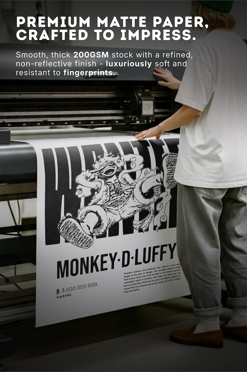 May include: A black and white poster with the text "MONKEY-D-LUFFY" and "$3.000.000.000. MARINE". The poster is printed on premium matte paper, 200 gsm stock. The poster features a detailed illustration of a character.