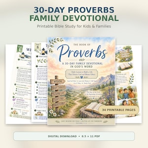 Puede incluir: Un devocional familiar de 30 días sobre Proverbios, estudio bíblico imprimible de 34 páginas en formato PDF de 8,5 x 11 pulgadas. La portada muestra un paisaje de montaña, una Biblia abierta y letreros de madera con texto como Wisdom y Trust & Obey.