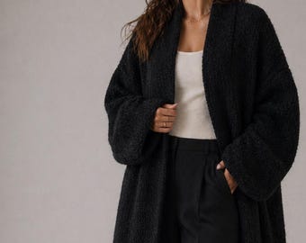 Cardigan long surdimensionné en tricot bouclé, manteau ouvert minimaliste sur le devant, manteau-pull à manches ballon