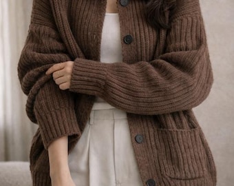 Cardigan oversize da donna, maglione con bottoni in maglia grossa, maglia a coste morbida da indossare a strati in autunno e inverno