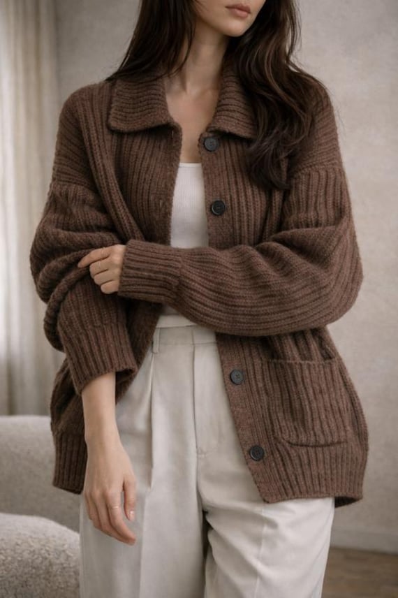 Oversized Cardigan Women, Chunky Knit Button Sweater, Soft Ribbed Fall Winter Layering Knitwear