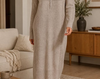 Gebreide damestruijurk, beige midi-jurk met ritssluiting, lichtgewicht zomergebreide jurk, oversized gezellige boho-jurk, casual chique gebreide kleding