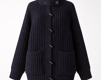 Navy Blue Chunky Knit Cardigan, Oversized Ribbed Jacket, High Collar Layering Sweater