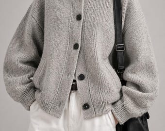 Oversized Chunky Knit Cardigan, Wool Blend High Collar Jacket, Korean Boxy Fit Sweater