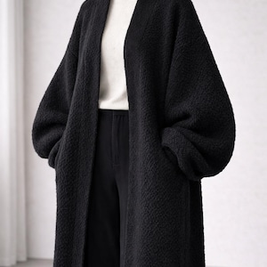 オーバーサイズブークレニットロングカーディガン、ミニマリストオープンフロントコーティガン、バルーンスリーブセーターコート