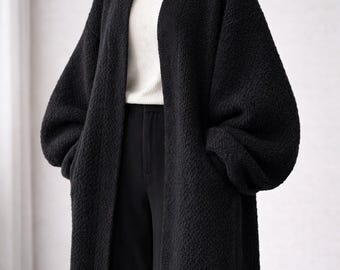 Cardigan long surdimensionné en tricot bouclé, manteau ouvert minimaliste sur le devant, manteau-pull à manches ballon