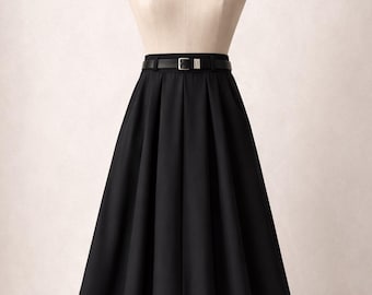 High Waisted A-Line Midi Skirt with Belt, Elegant Black Flared Workwear