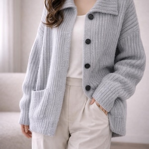Oversized Cardigan Women, Chunky Knit Button Sweater, Soft Ribbed Fall Winter Layering Knitwear Gray