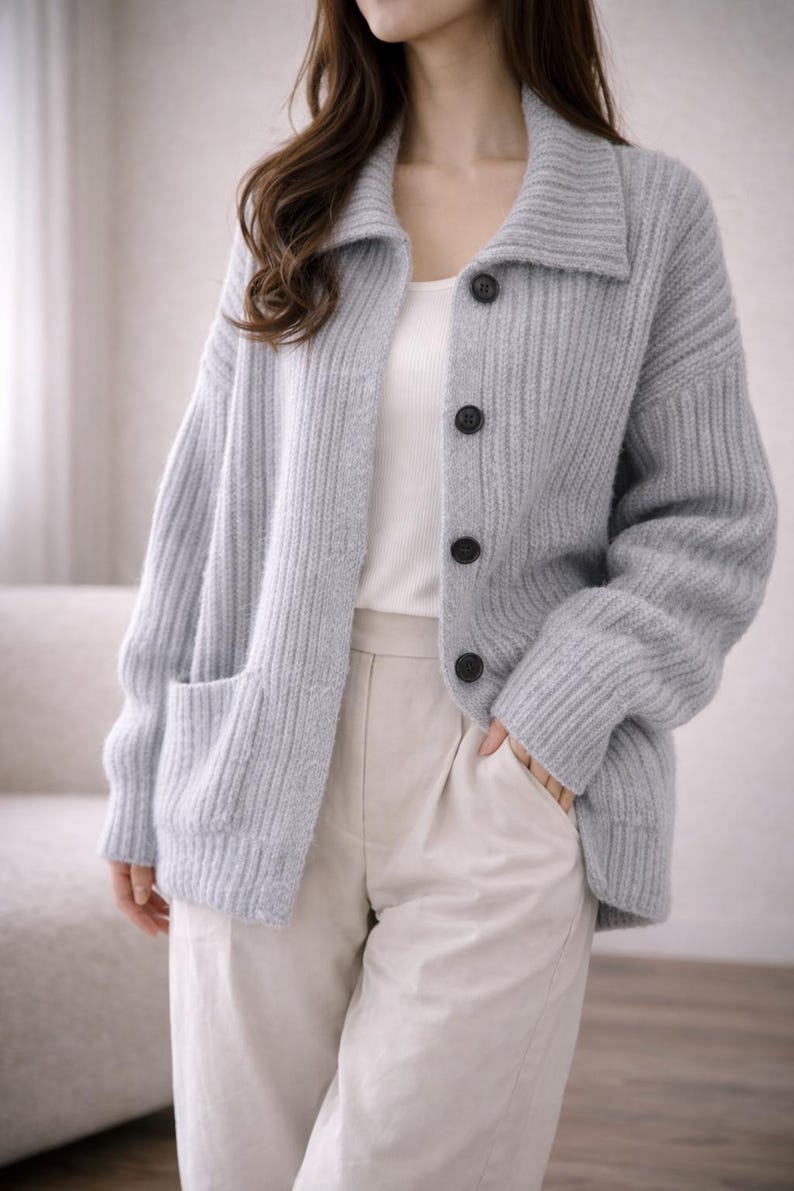 Oversized Cardigan Women, Chunky Knit Button Sweater, Soft Ribbed Fall Winter Layering Knitwear Gray