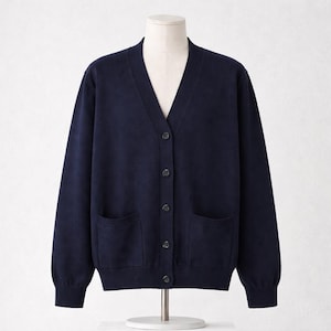 May include: A navy blue cardigan sweater with a V-neck, long sleeves, and two front pockets. The sweater has a button-up closure with four buttons. The garment is displayed on a mannequin.