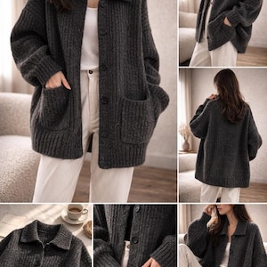 Oversized Cardigan Women, Chunky Knit Button Sweater, Soft Ribbed Fall Winter Layering Knitwear Black