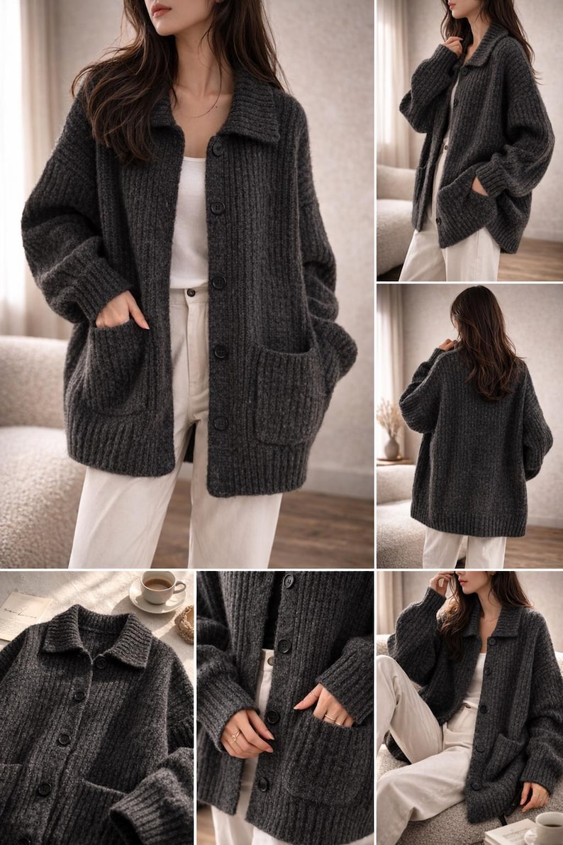 Oversized Cardigan Women, Chunky Knit Button Sweater, Soft Ribbed Fall Winter Layering Knitwear Black