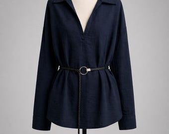 Lightweight V-Neck Long Sleeve Blouse, Minimalist Belted Tunic Top