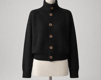 Women's Button Knit Cardigan, High Neck Cropped Cozy Sweater