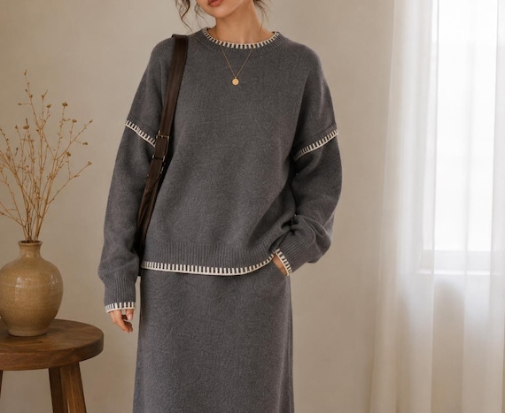 Oversized Knit Sweater Midi Skirt Set, Two Piece Co-Ord Outfit, Contrast Trim Detail