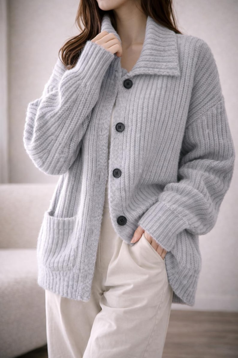 Oversized Cardigan Women, Chunky Knit Button Sweater, Soft Ribbed Fall Winter Layering Knitwear image 7