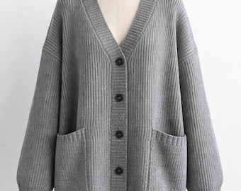 Oversized Ribbed Knit Cardigan, Cozy Button-Front Sweater, Minimalist Fall Outfit