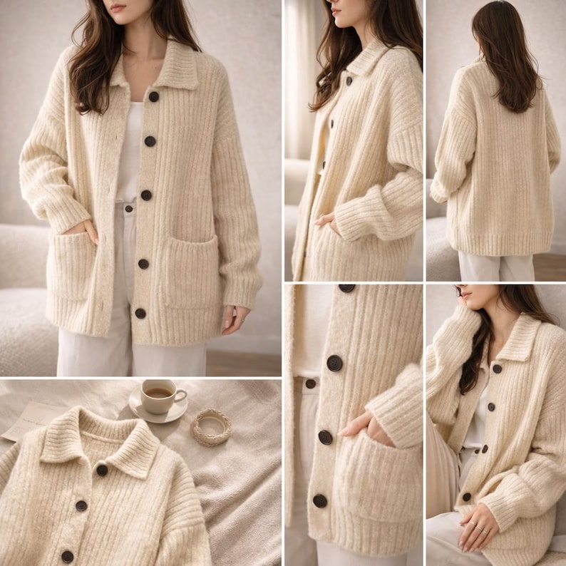 Oversized Cardigan Women, Chunky Knit Button Sweater, Soft Ribbed Fall Winter Layering Knitwear Beige