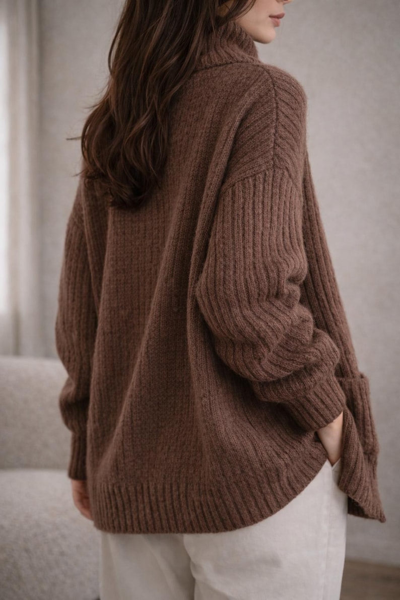 May include: A brown turtleneck sweater with ribbed detailing on the sleeves and body. The sweater has a relaxed fit and is made of a soft, knitted material. The model is wearing white pants.