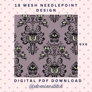 May include: A digital PDF download of an 18 mesh needlepoint design featuring a repeating damask-style pattern in shades of purple, black, and pale yellow. The graphic includes the text 18 MESH NEEDLEPOINT DESIGN, 6 X 6, DIGITAL PDF DOWNLOAD, and @dominostitch.