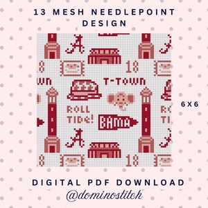 May include: A 13 mesh needlepoint design digital PDF download featuring a repeating pattern of red and white icons including a stadium, lighthouse, elephant, and the text 13 MESH NEEDLEPOINT DESIGN, 18, T-TOWN, ROLL TIDE!, BAMA, and 6 X 6.
