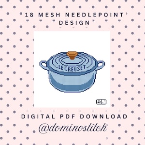 May include: A pixel art needlepoint design of a light blue Le Creuset Dutch oven with a brown knob. The text reads 18 MESH NEEDLEPOINT DESIGN, DIGITAL PDF DOWNLOAD, and @dominostitch. The background is light pink with dark purple polka dots.