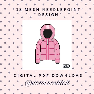 Può includere: Download digitale PDF di un design di giacca a vento rosa pixelata. L'immagine include il testo "18 Mesh Needlepoint Design" e "Digital PDF Download @dominostitch". La giacca ha cappuccio e cerniera neri.