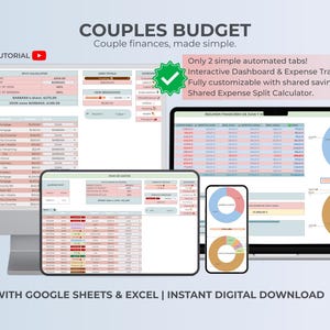 May include: A digital product advertisement featuring a couples budget spreadsheet. The image shows a desktop computer, tablet, and smartphone displaying the spreadsheet. The text reads "COUPLES BUDGET" and "WORKS WITH GOOGLE SHEETS & EXCEL".