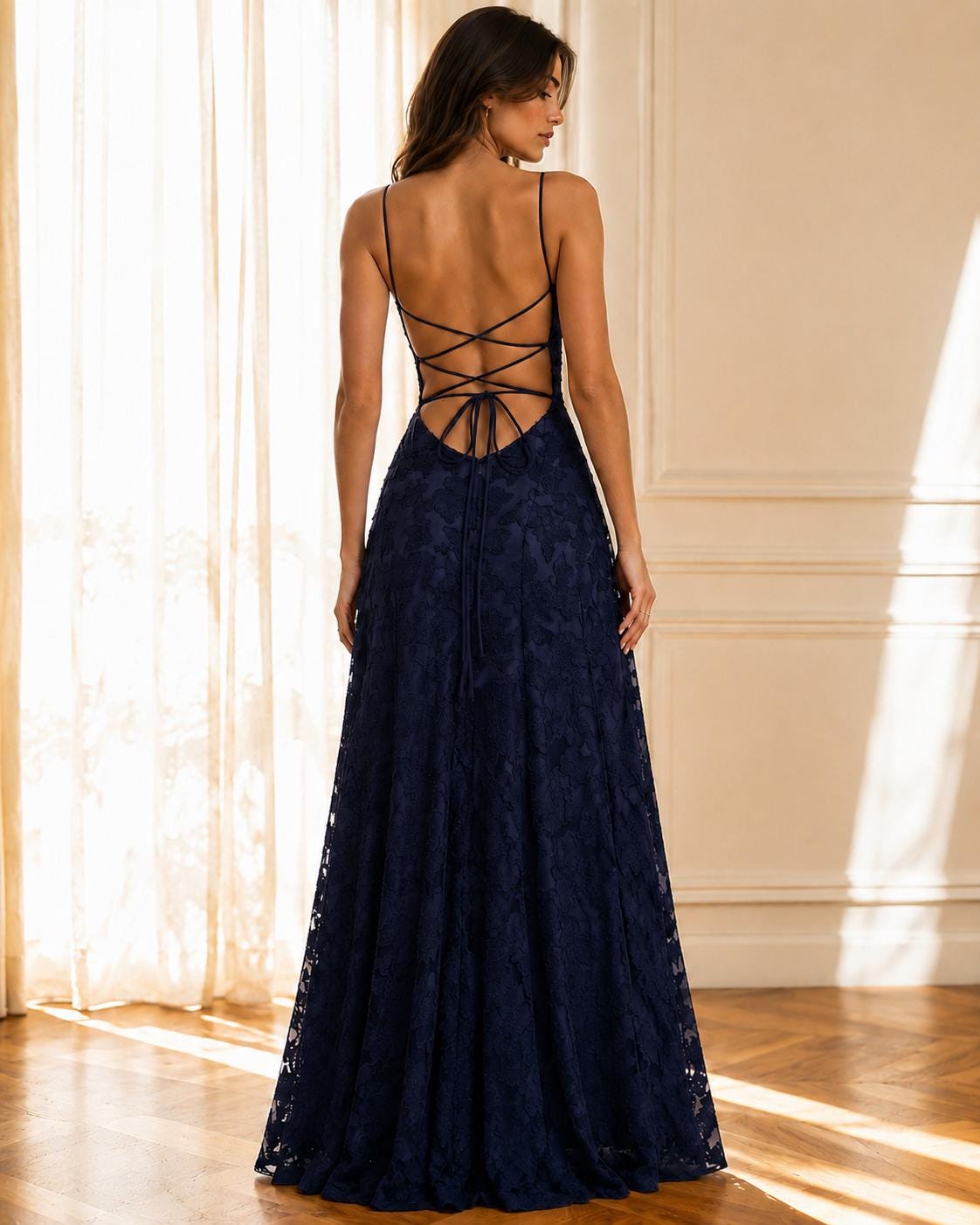 navy lace backless dress Long Blue Dress, Lace-up Evening Gown, Wedding Guest Dress, Bridesmaid Dress, Prom & Formal Featuring feminine details Color:navy LOVZFMLL Summer Dresses for Cap Sleeves